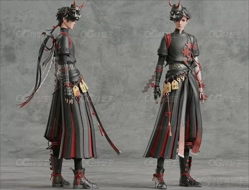 blender人物角色鬼武士男性5配色PBR次世代日韩风格fbx卡通3D模型-1