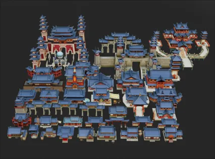C4D古风游戏建筑牌坊房屋楼阁塔楼MAYA模型3D建模渲染fbx素材obj模型