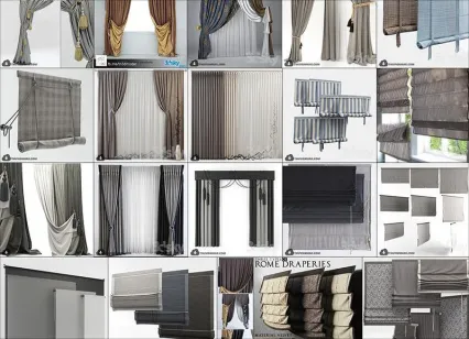 C4D现代欧式室内装饰布艺折叠窗帘纱帘3D模型FBX格式OBJ渲染素材