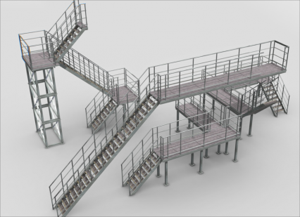 MAYA工业楼梯模块化3D模型blend工厂消防过道楼梯FBX建模渲染素材