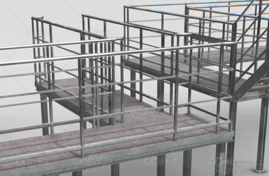 MAYA工业楼梯模块化3D模型blend工厂消防过道楼梯FBX建模渲染素材-3