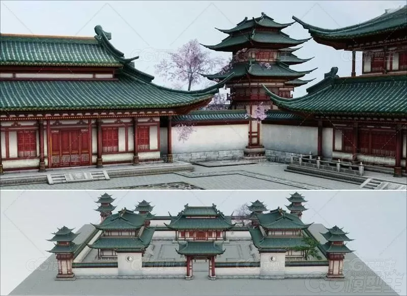 C4D古代古风建筑道观3D场景MAYA模型宫殿塔楼阁FBX建模渲染素材-1