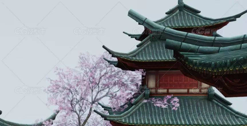 C4D古代古风建筑道观3D场景MAYA模型宫殿塔楼阁FBX建模渲染素材-4