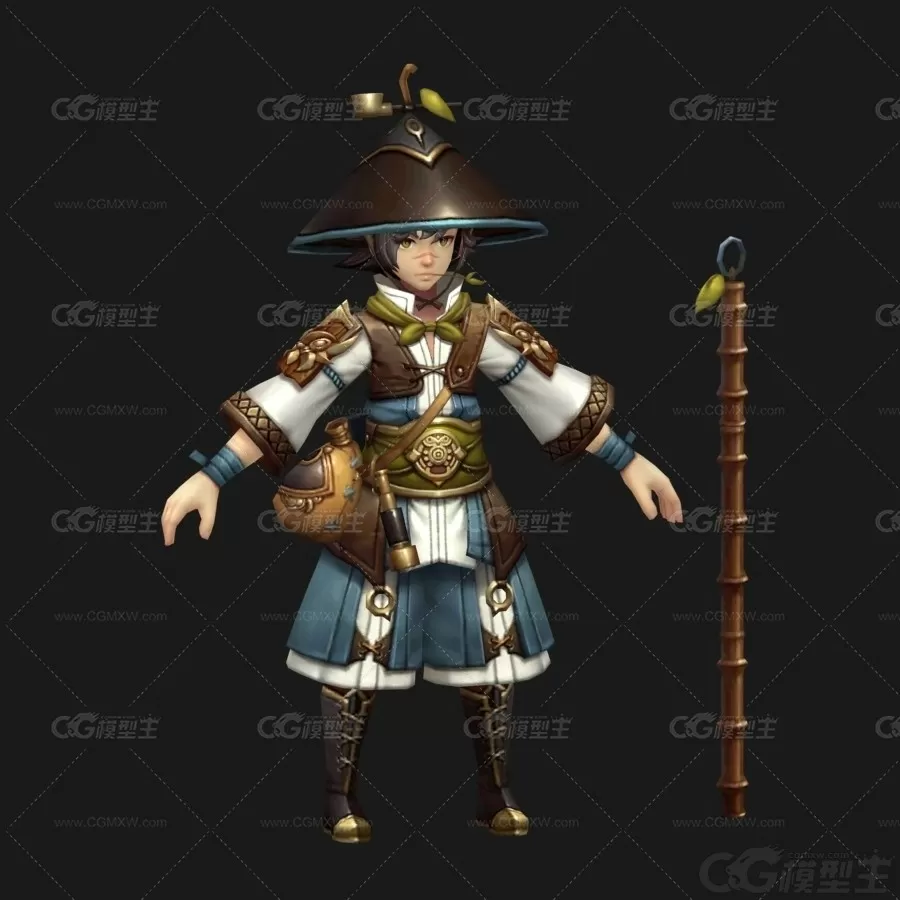 山庄修炼男童 斗笠武士 卡通小男孩 书童 药童3D模型-3