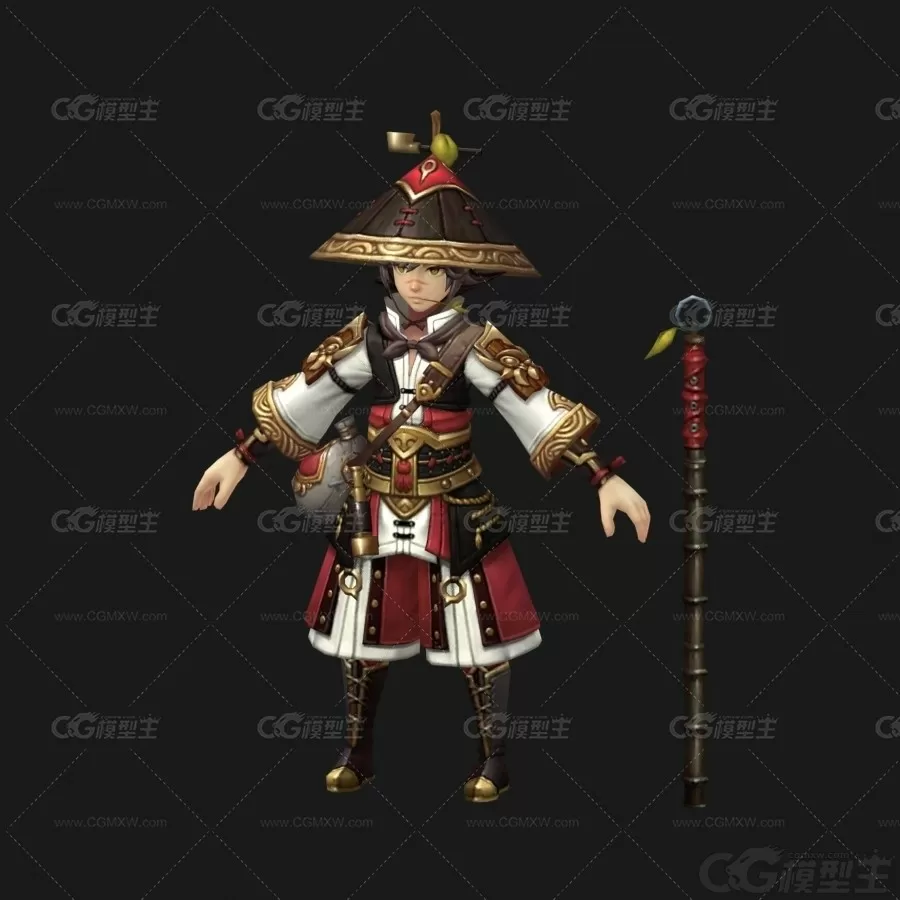 山庄修炼男童 斗笠武士 卡通小男孩 书童 药童3D模型-2