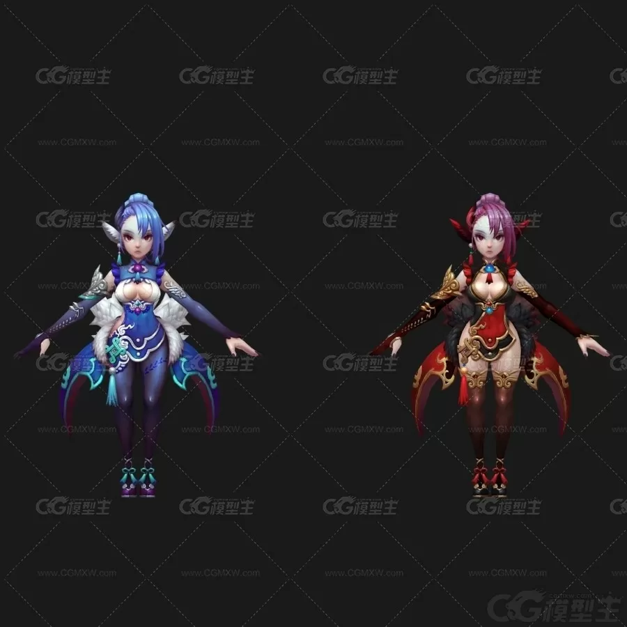 女魔头  魔女搭档 Q版卡通女妖 妖王 妖后 女武士 女巫师 巫婆3D模型-1