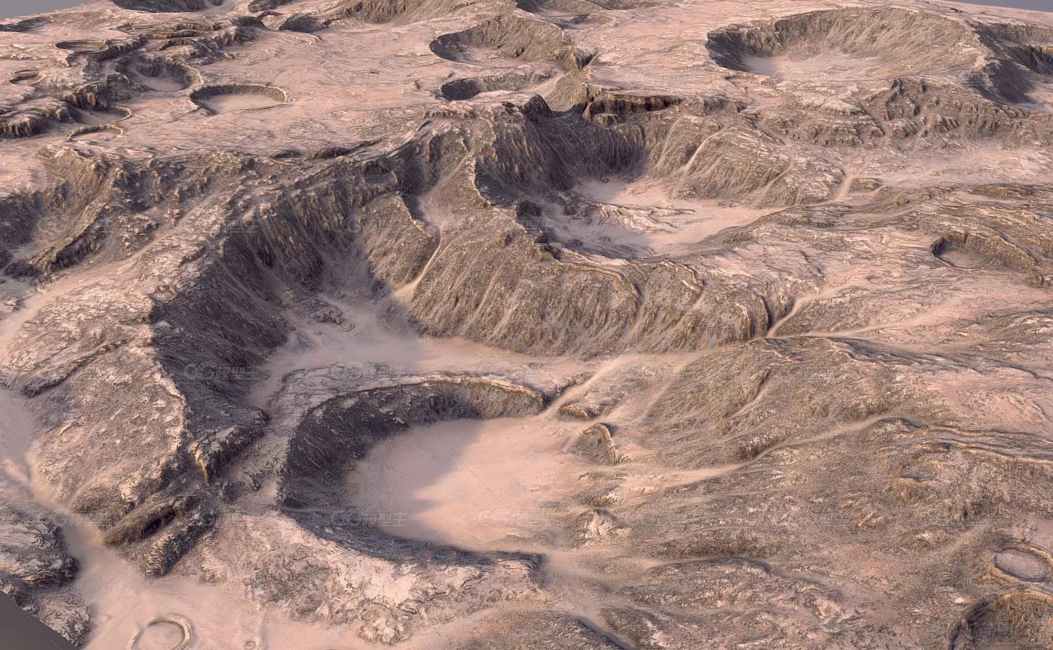 陨石坑火星地貌砂岩火山 环形山山坡火星地形山谷戈壁砂岩山脉星球陆地坑坑洼洼山脉-4