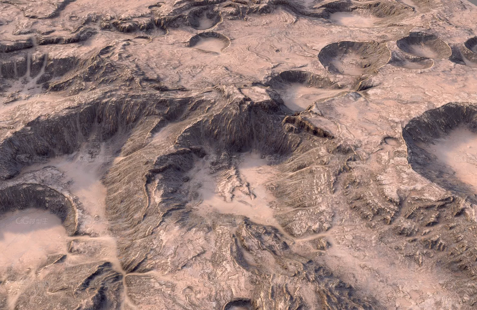 陨石坑火星地貌砂岩火山 环形山山坡火星地形山谷戈壁砂岩山脉星球陆地坑坑洼洼山脉-5