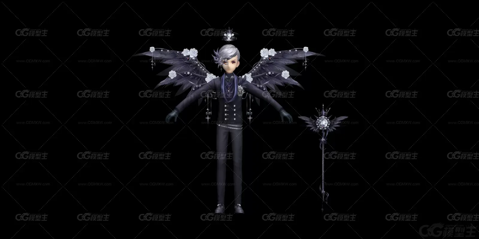 二次元动漫男孩 恶魔天使 恶魔使者 翅膀 黑暗男孩 日韩风格模型  暗夜王子3D模型-1