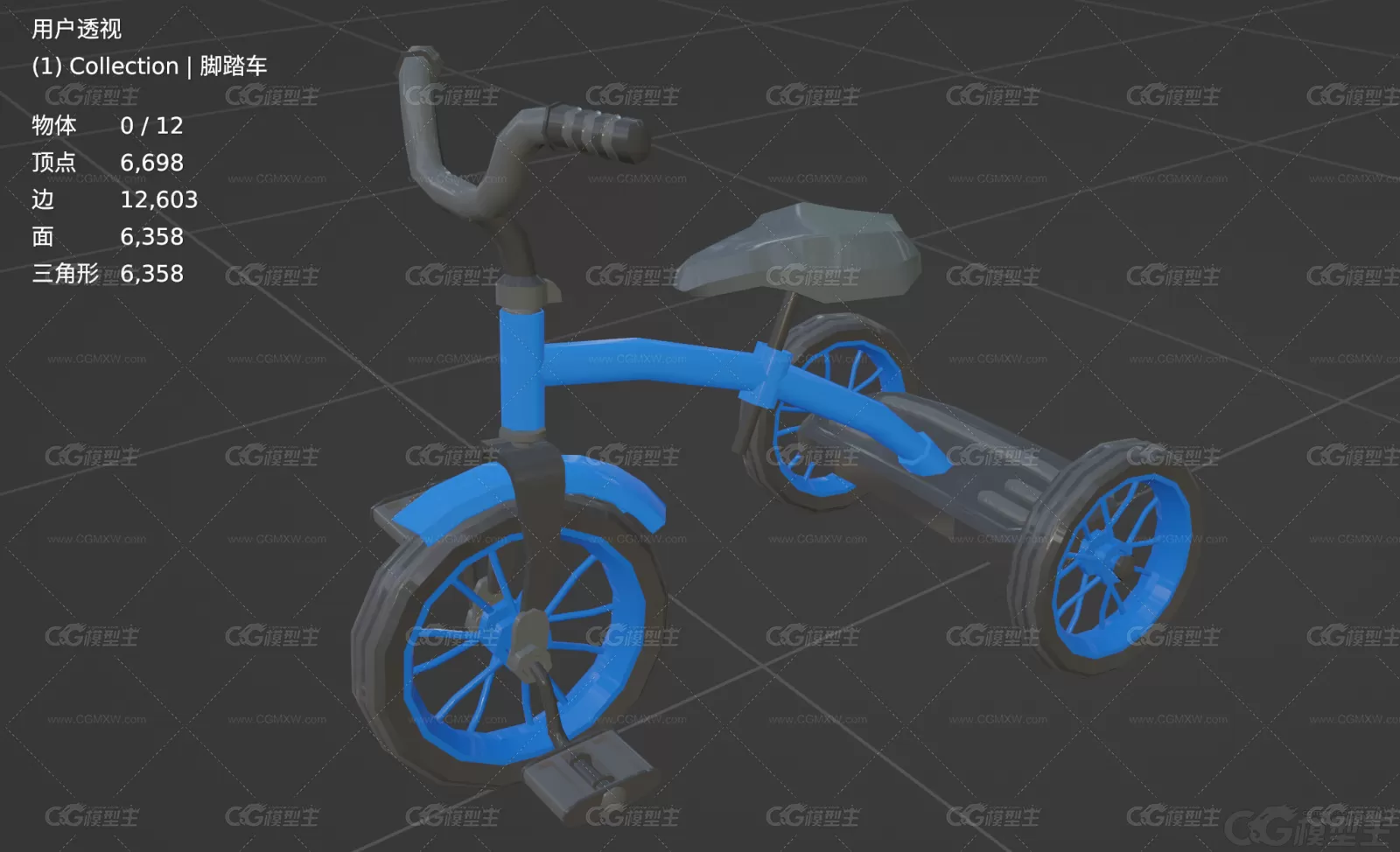 Low Poly儿童三轮车 卡通儿童车 儿童脚踏车 低模童车3D模型-6