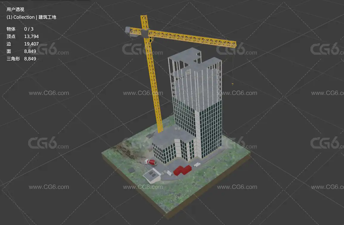 Low Poly建筑工地 高楼 施工 楼盘 脚手架 高楼建筑 塔吊 混凝土搅拌车 高楼建设3D模型-5