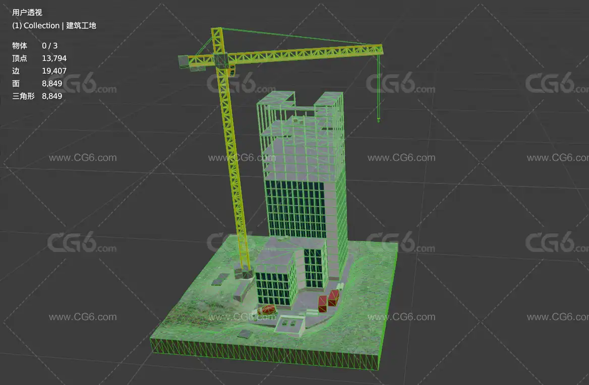 Low Poly建筑工地 高楼 施工 楼盘 脚手架 高楼建筑 塔吊 混凝土搅拌车 高楼建设3D模型-7