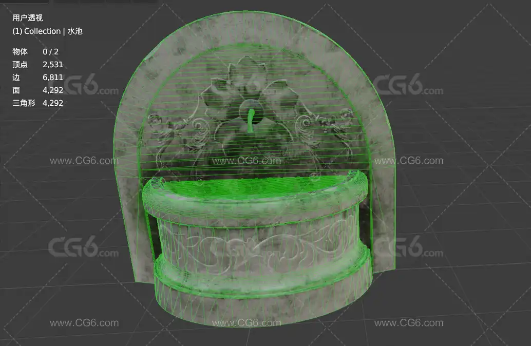 圆形花墙喷泉 石头水池 中世纪水池 欧式喷泉3D模型-7