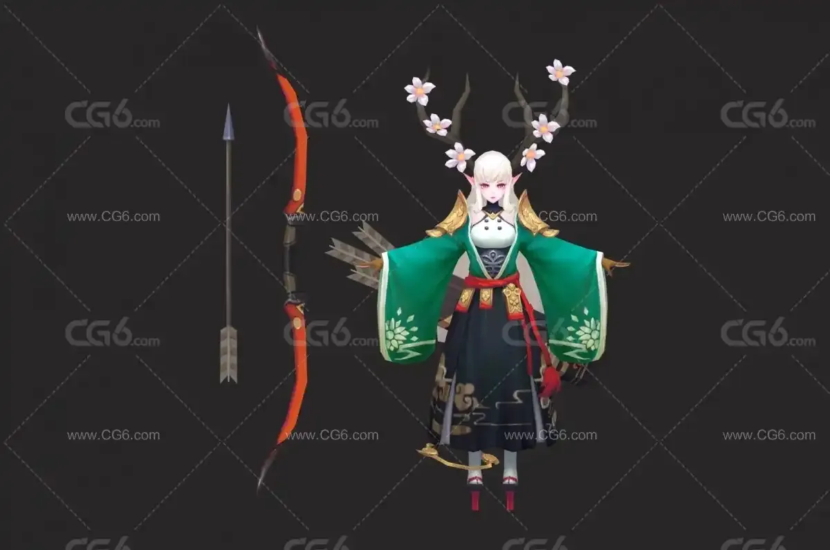 日系 桃花弓箭女 古装美女 小仙女 小魔女 日韩美女 美女战士 古代女武士3D模型-2