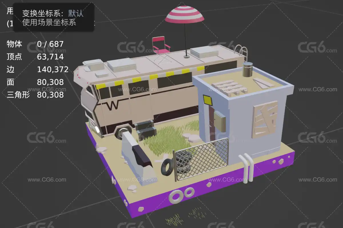 LOWPOLY 多边形 卡通 简模小房子 房车 休闲房车3D模型-5