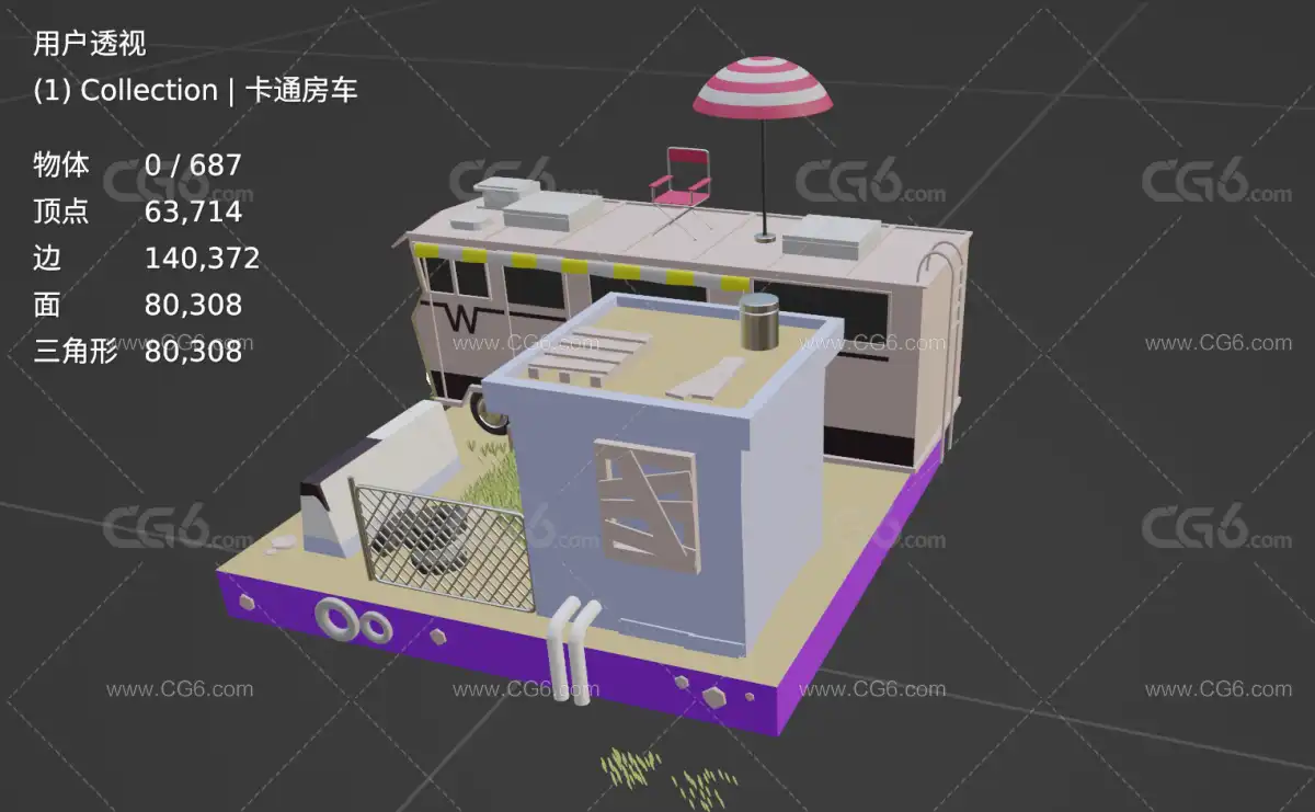 LOWPOLY 多边形 卡通 简模小房子 房车 休闲房车3D模型-6