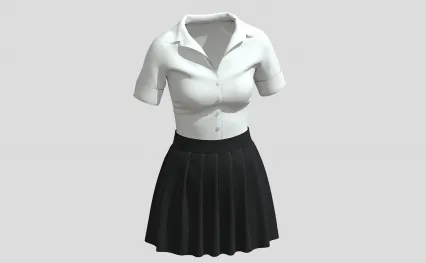 女装翻领衣服及裙子模型 百褶裙带 女性短裙 女士服装 女性职业装 白衬衫 MD版型工作制服3D模型