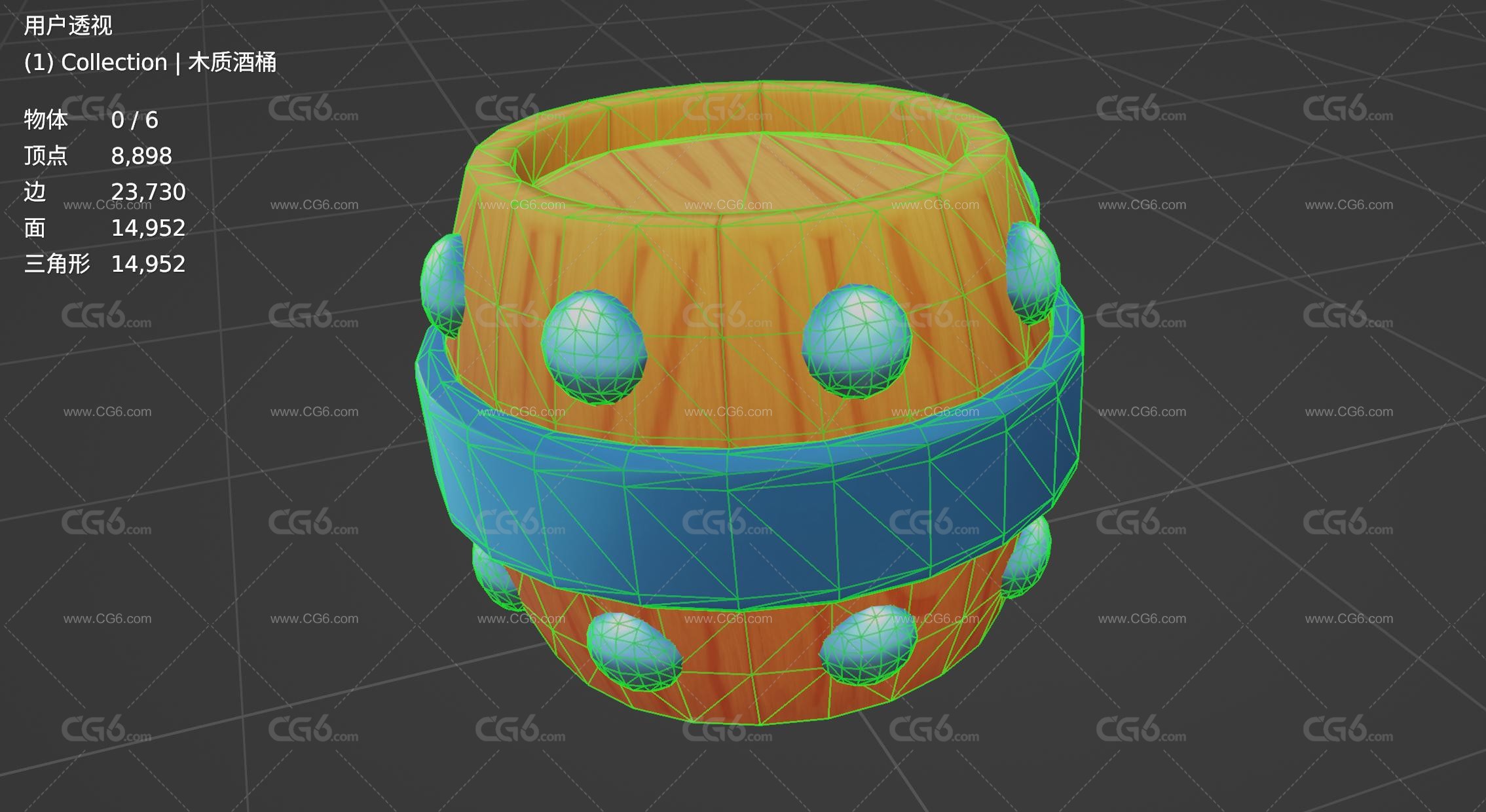 LowPoly低模木质酒桶 木桶 卡通水桶 卡通圆桶3D模型-7