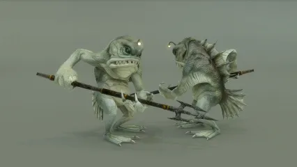 海怪 怪物 妖怪 妖兽 海妖 鱼人怪物 小鱼人 鱼叉怪 带绑定有动画3D模型