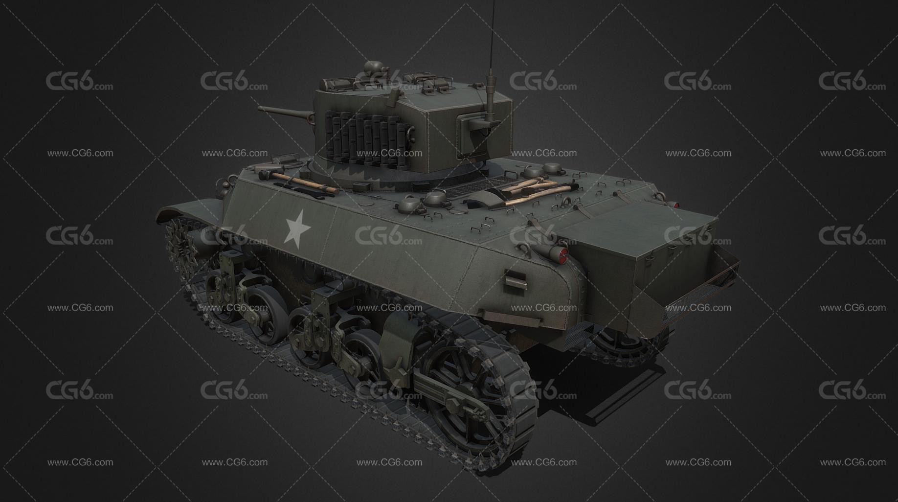 PBR次世代美国M3轻型坦克 Stuart light tank 二战坦克车 美军坦克 装甲车3D模型-3