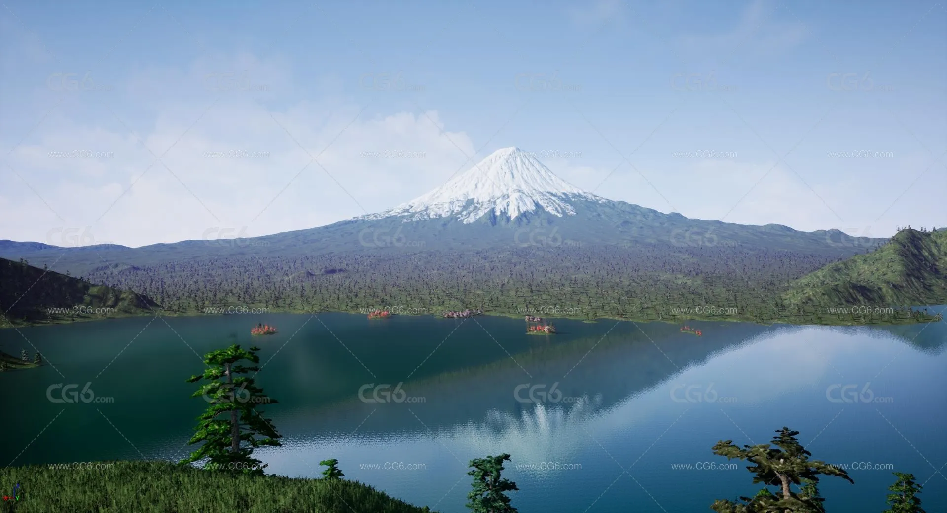 次世代富士山火山湖泊小岛雪山积雪林地植被 山区美景 西湖 度假区枫叶 红叶 森林 冰山3D模型 -3