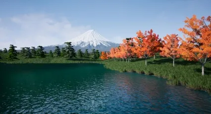 次世代富士山火山湖泊小岛雪山积雪林地植被 山区美景 西湖 度假区枫叶 红叶 森林 冰山3D模型 