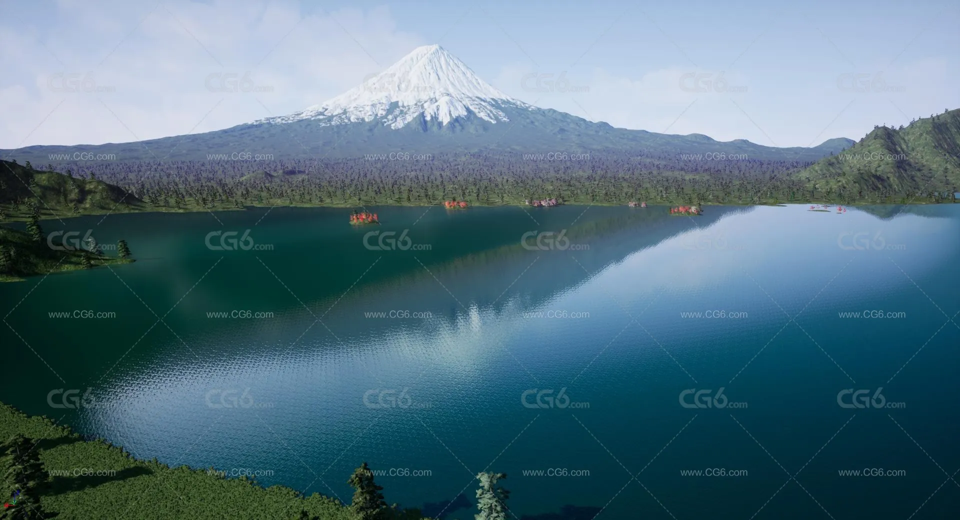 次世代富士山火山湖泊小岛雪山积雪林地植被 山区美景 西湖 度假区枫叶 红叶 森林 冰山3D模型 -6