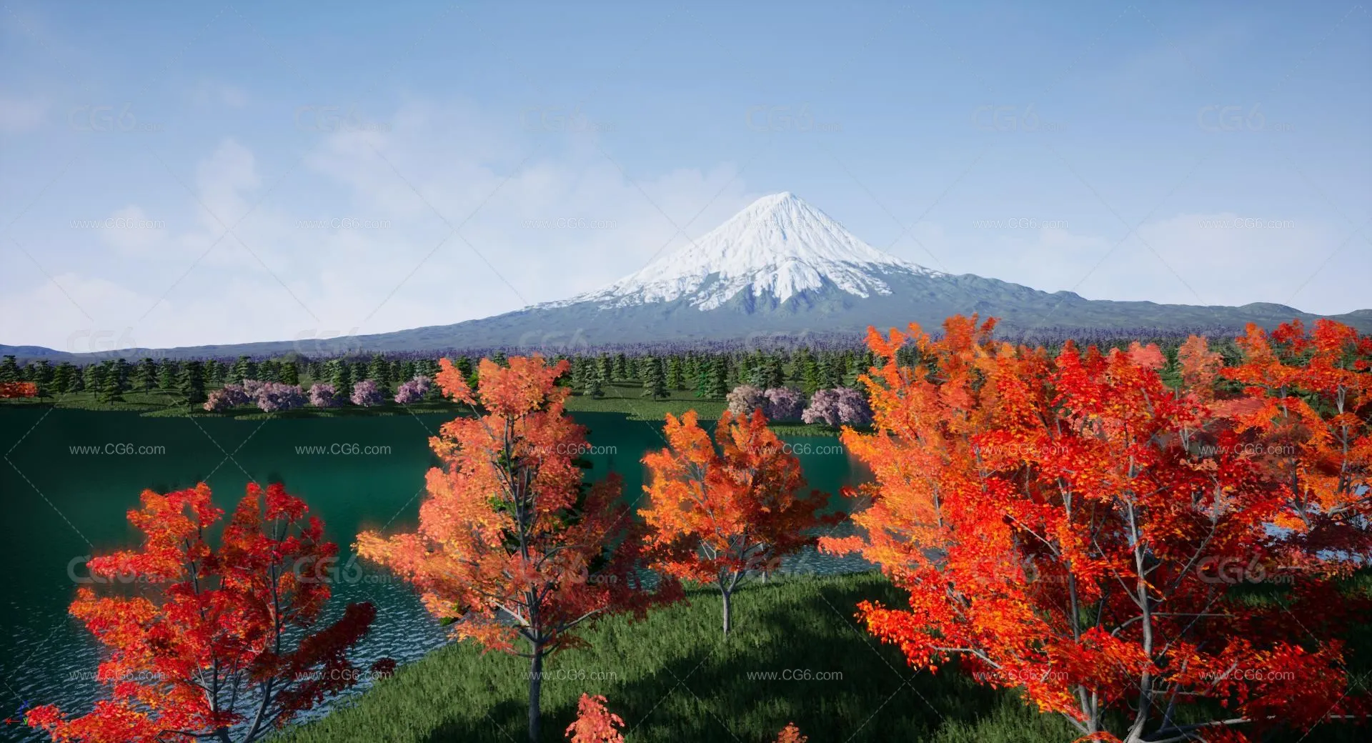 次世代富士山火山湖泊小岛雪山积雪林地植被 山区美景 西湖 度假区枫叶 红叶 森林 冰山3D模型 -5