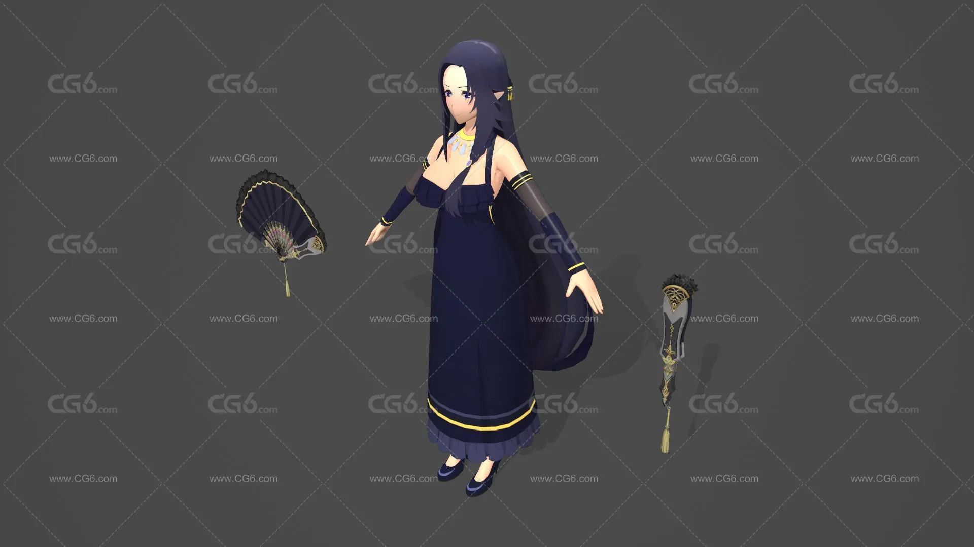 卡通手绘女学生 日韩美女 美少女 小萝莉 旗袍美女 铁扇公主 扇子 旗袍女孩 游戏角色人物3D模型-2