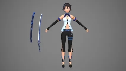 卡通手绘二次元女战士 女剑客 女侠 美少女武士 女骑士 小萝莉 侠女 中世纪女剑士3D模型