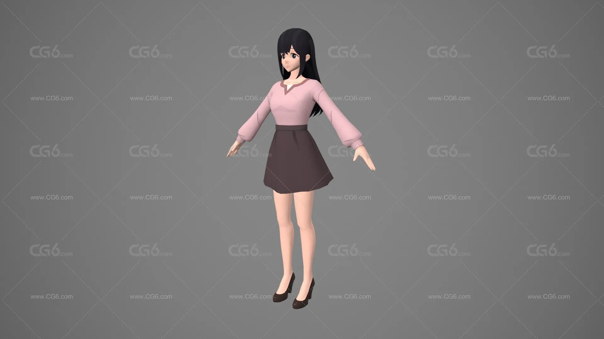 卡通手绘二次元高中女学生 学生服 白领 上班族 短裙女孩 日韩美女 动漫女孩 萝莉3D模型-2