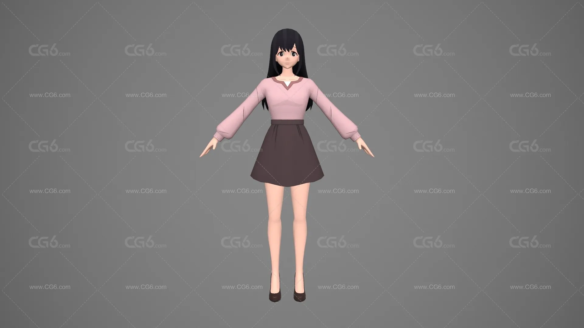 卡通手绘二次元高中女学生 学生服 白领 上班族 短裙女孩 日韩美女 动漫女孩 萝莉3D模型-1