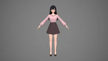 卡通手绘二次元高中女学生 学生服 白领 上班族 短裙女孩 日韩美女 动漫女孩 萝莉3D模型