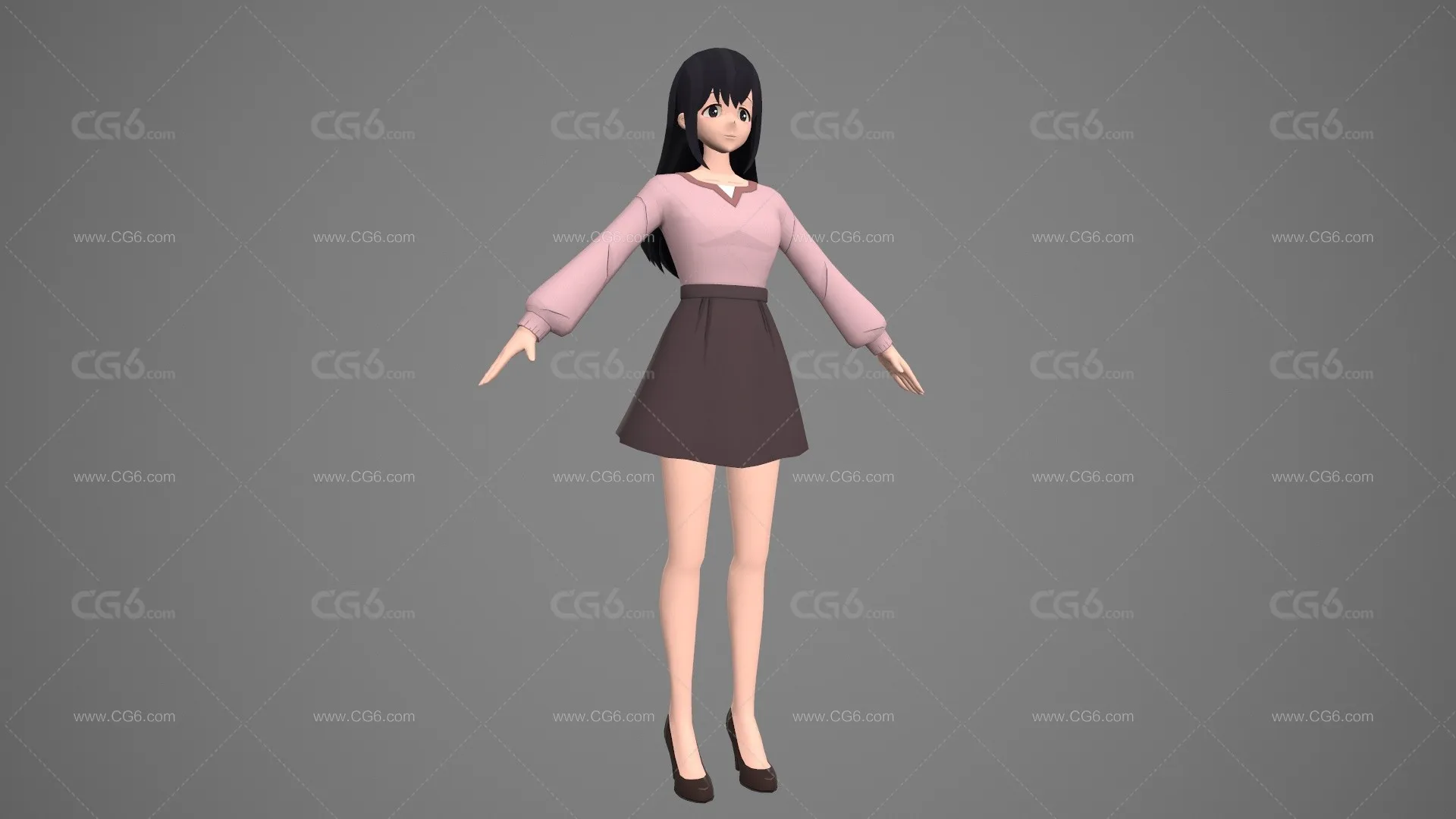 卡通手绘二次元高中女学生 学生服 白领 上班族 短裙女孩 日韩美女 动漫女孩 萝莉3D模型-5