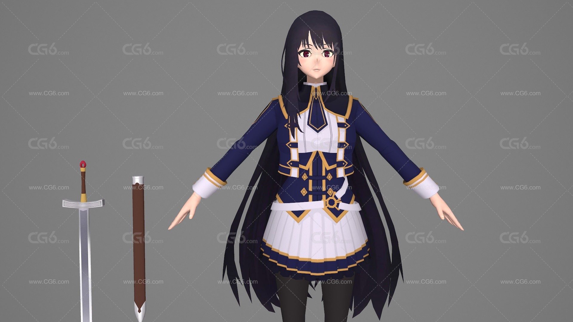 卡通手绘二次元女战士 女剑客 女侠 美少女武士 性感美女 女军官 军装美女 御姐 侠女 动漫女剑士3D模型-4