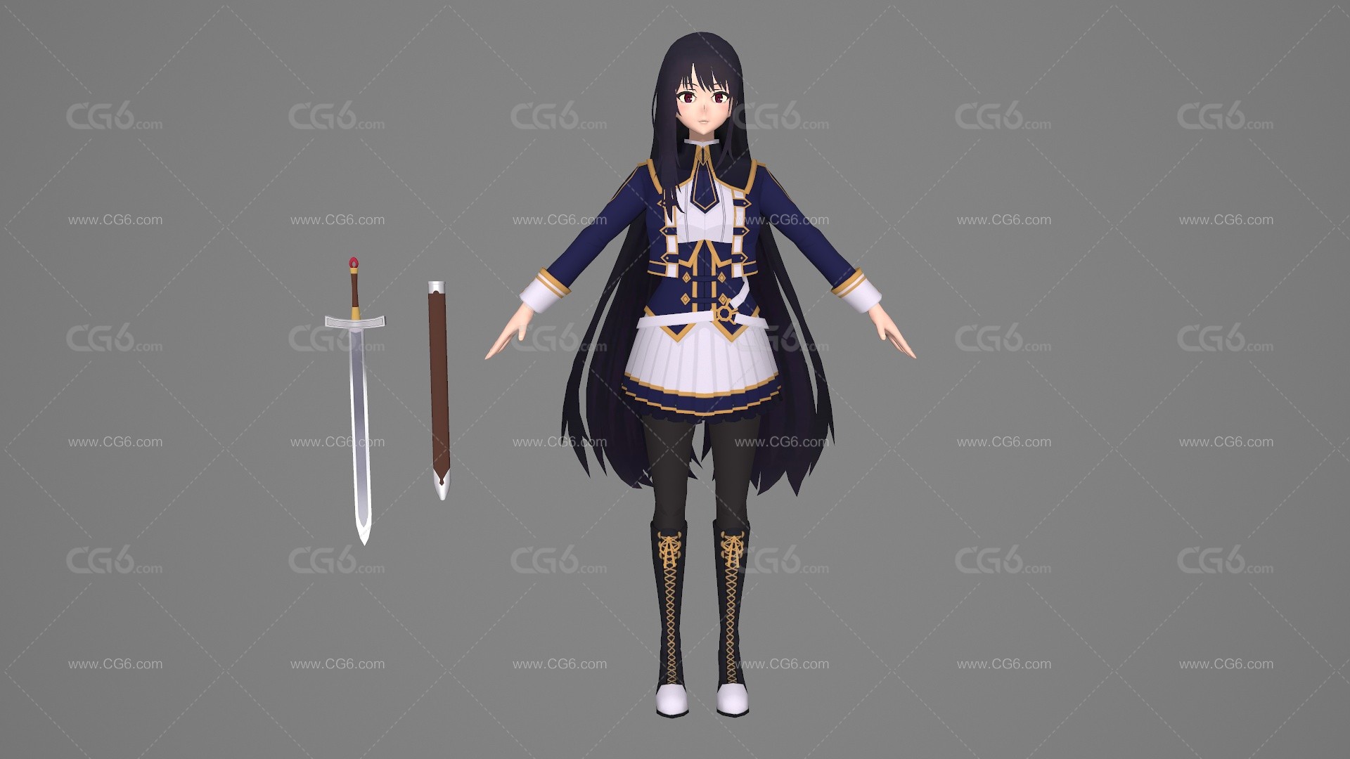 卡通手绘二次元女战士 女剑客 女侠 美少女武士 性感美女 女军官 军装美女 御姐 侠女 动漫女剑士3D模型-1