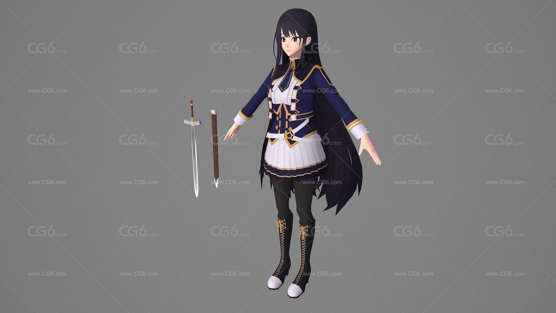 卡通手绘二次元女战士 女剑客 女侠 美少女武士 性感美女 女军官 军装美女 御姐 侠女 动漫女剑士3D模型-2