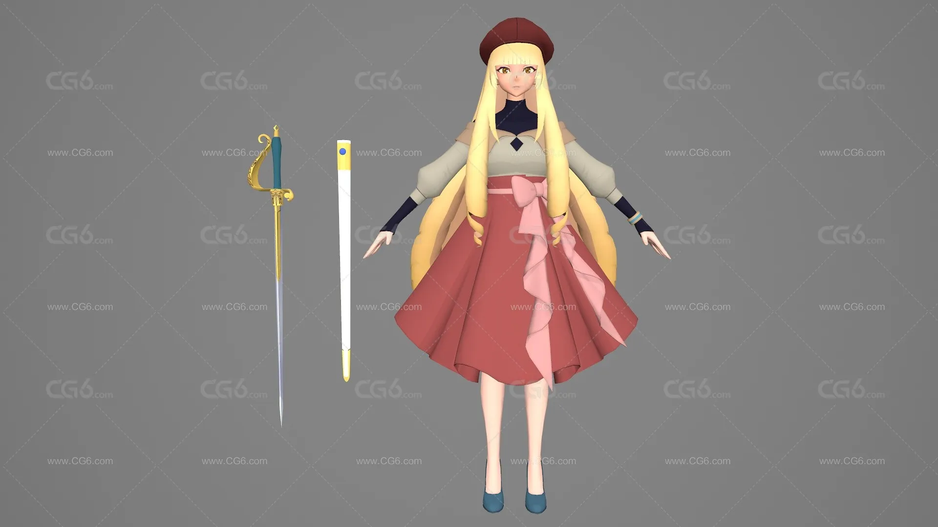 卡通手绘二次元女战士 女剑客 女侠 公主 美少女武士 女骑士 大眼萌妹子 小萝莉 侠女 动漫女剑士3D模型-1