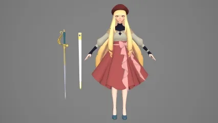 卡通手绘二次元女战士 女剑客 女侠 公主 美少女武士 女骑士 大眼萌妹子 小萝莉 侠女 动漫女剑士3D模型