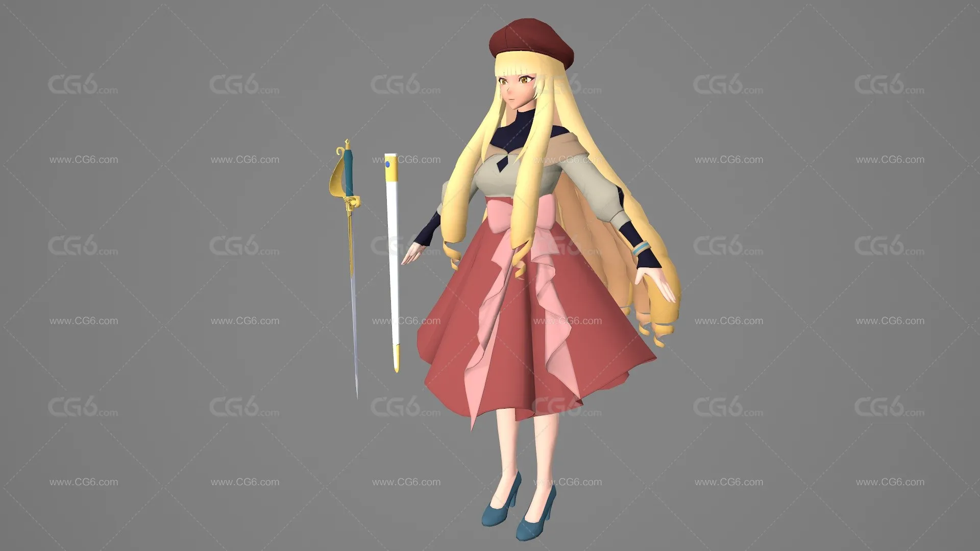 卡通手绘二次元女战士 女剑客 女侠 公主 美少女武士 女骑士 大眼萌妹子 小萝莉 侠女 动漫女剑士3D模型-2