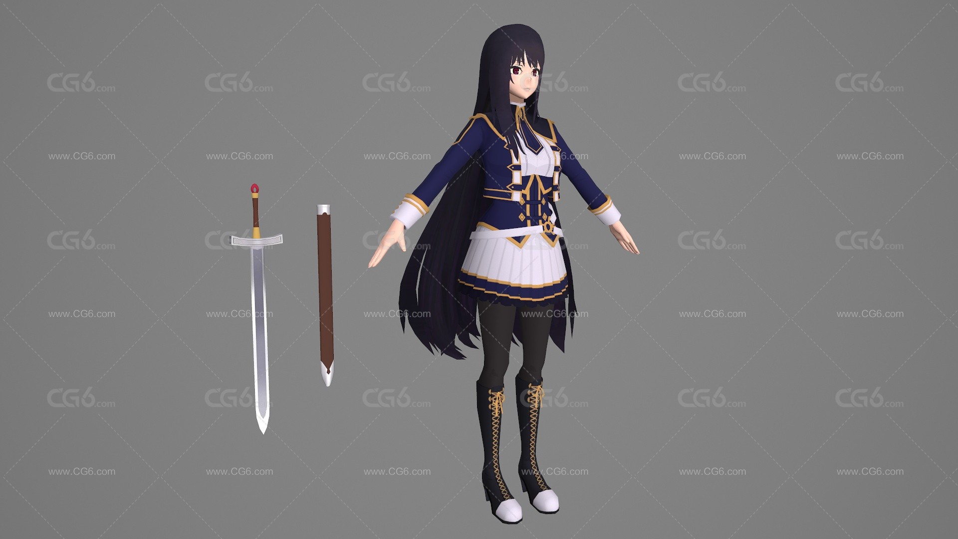 卡通手绘二次元女战士 女剑客 女侠 美少女武士 性感美女 女军官 军装美女 御姐 侠女 动漫女剑士3D模型-5