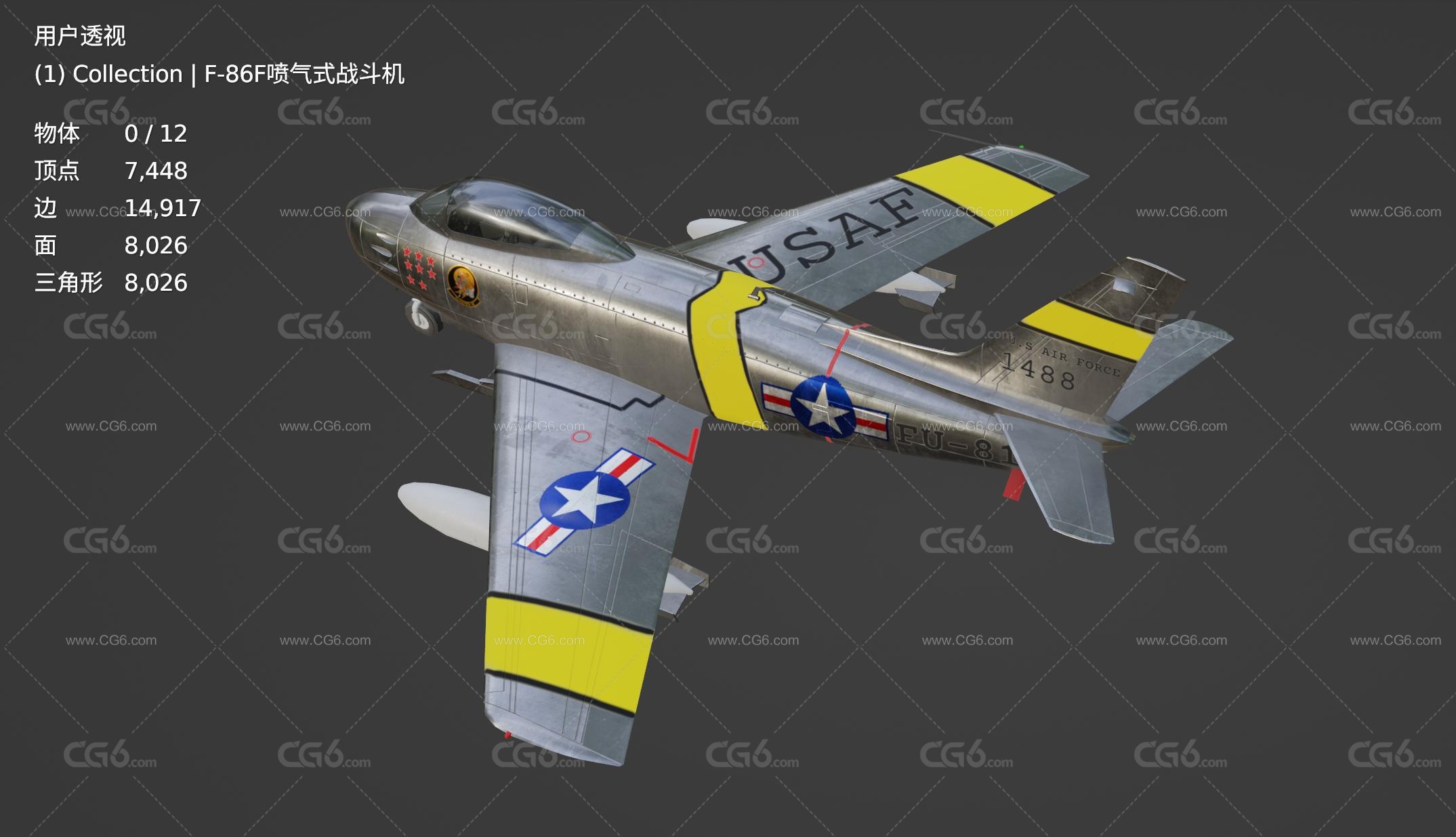 F-86F-30-NA飞机 F-86F喷气式战斗机 二战军用飞机 歼击机 轰炸机3D模型-6