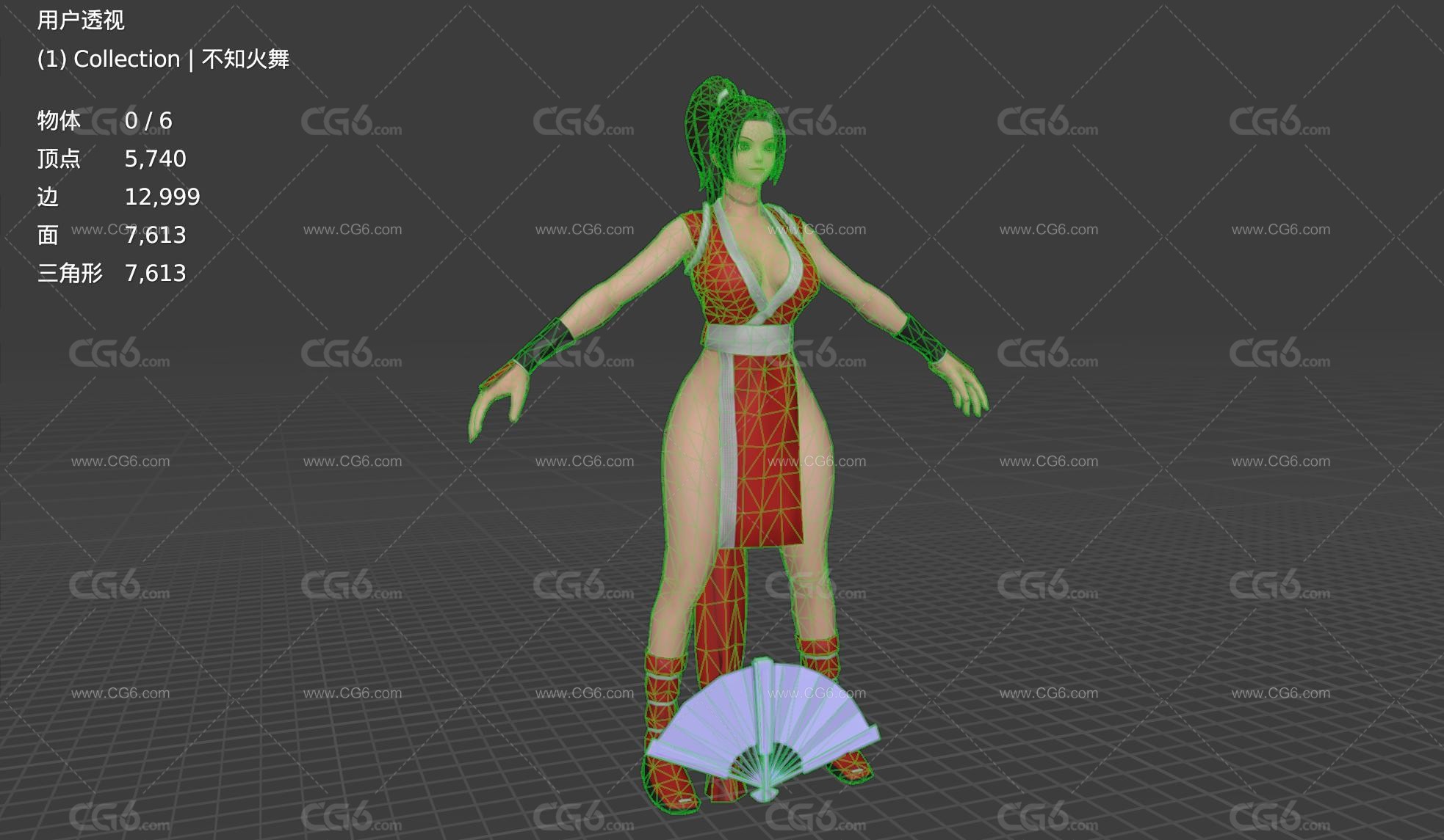 白内麻衣 Mai Shiranui 不知火舞 拳王女战士 格斗女王 性感美女 扇子 御姐3D模型-6