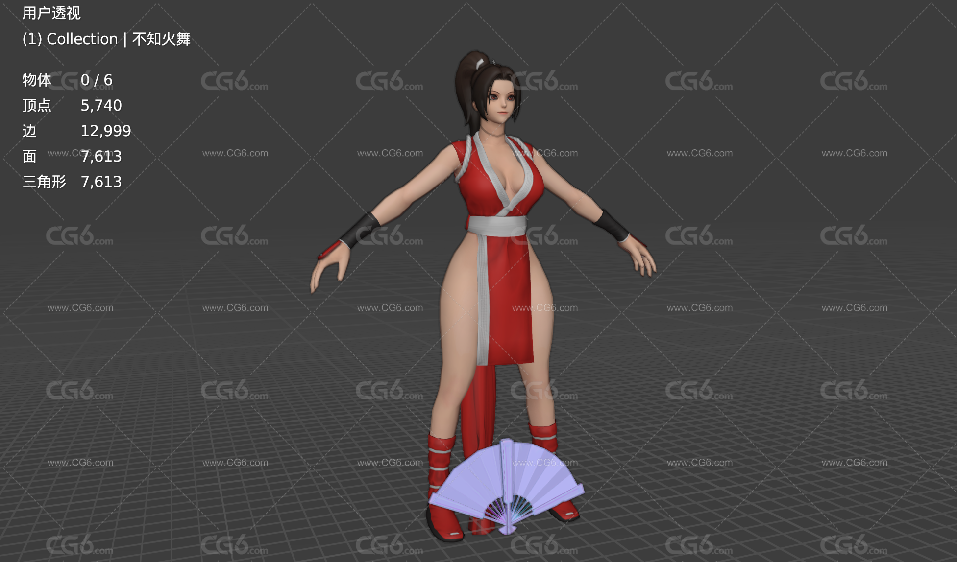 白内麻衣 Mai Shiranui 不知火舞 拳王女战士 格斗女王 性感美女 扇子 御姐3D模型-5