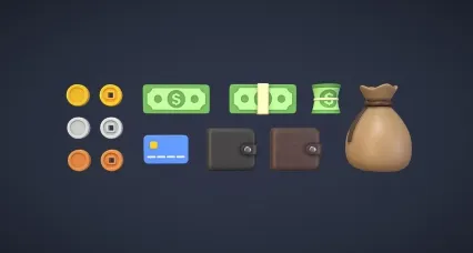 LOWPOLY卡通金币 铜币 银币 钱包 纸钞 美元 钱袋  奖励包 虚拟币 金钱道具 银行卡 信用卡3D模型