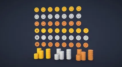 LOWPOLY卡通硬币包 金币 金钱 银钱 银币 铜币 虚拟货币 虚拟币 狗币 比特币 加密货币3D模型