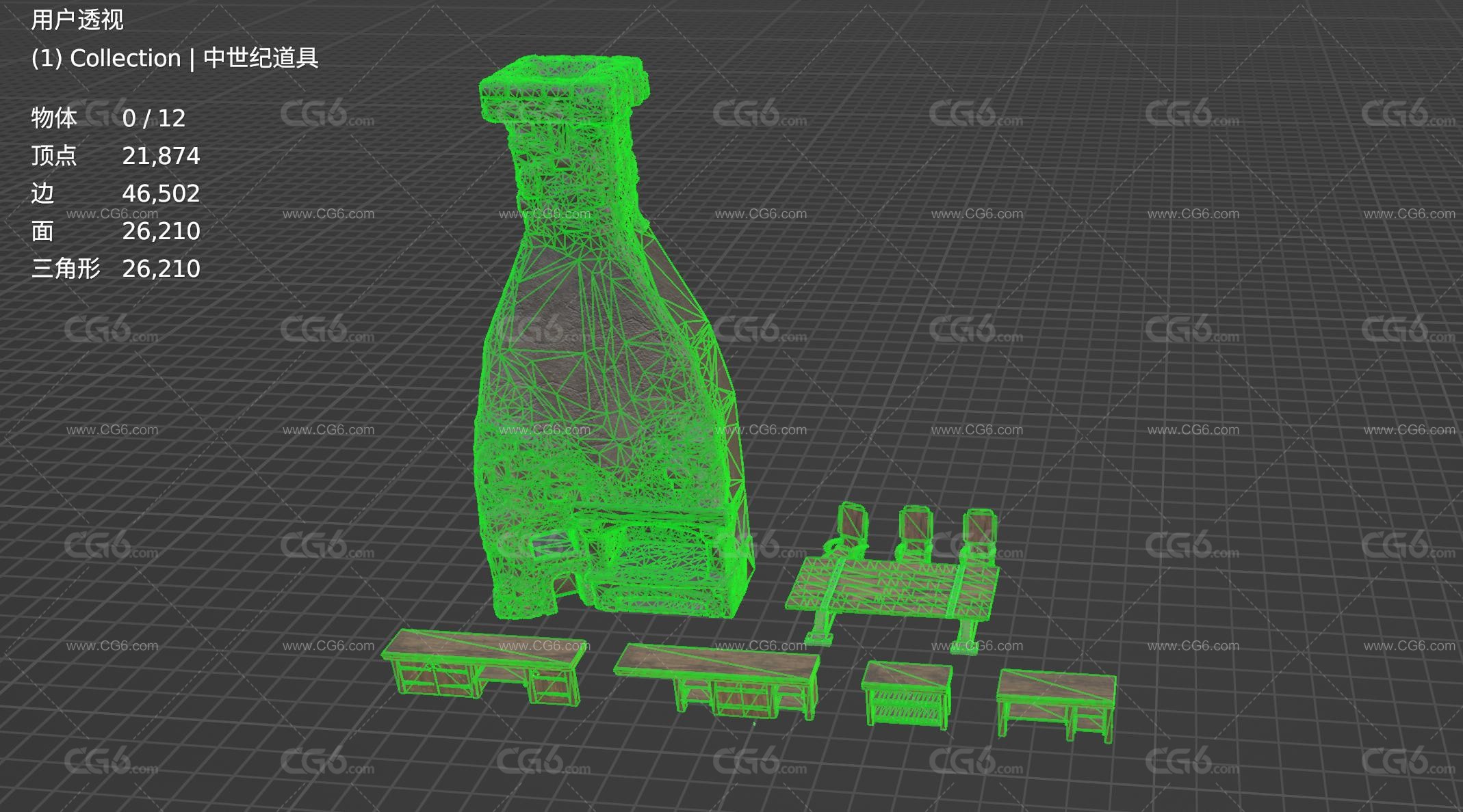 中世纪道具 桌椅 木桌 木椅 长凳 烟筒 铁匠烟筒 锅炉 烧火炉3D模型-6