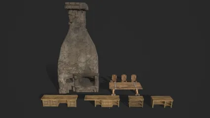 中世纪道具 桌椅 木桌 木椅 长凳 烟筒 铁匠烟筒 锅炉 烧火炉3D模型