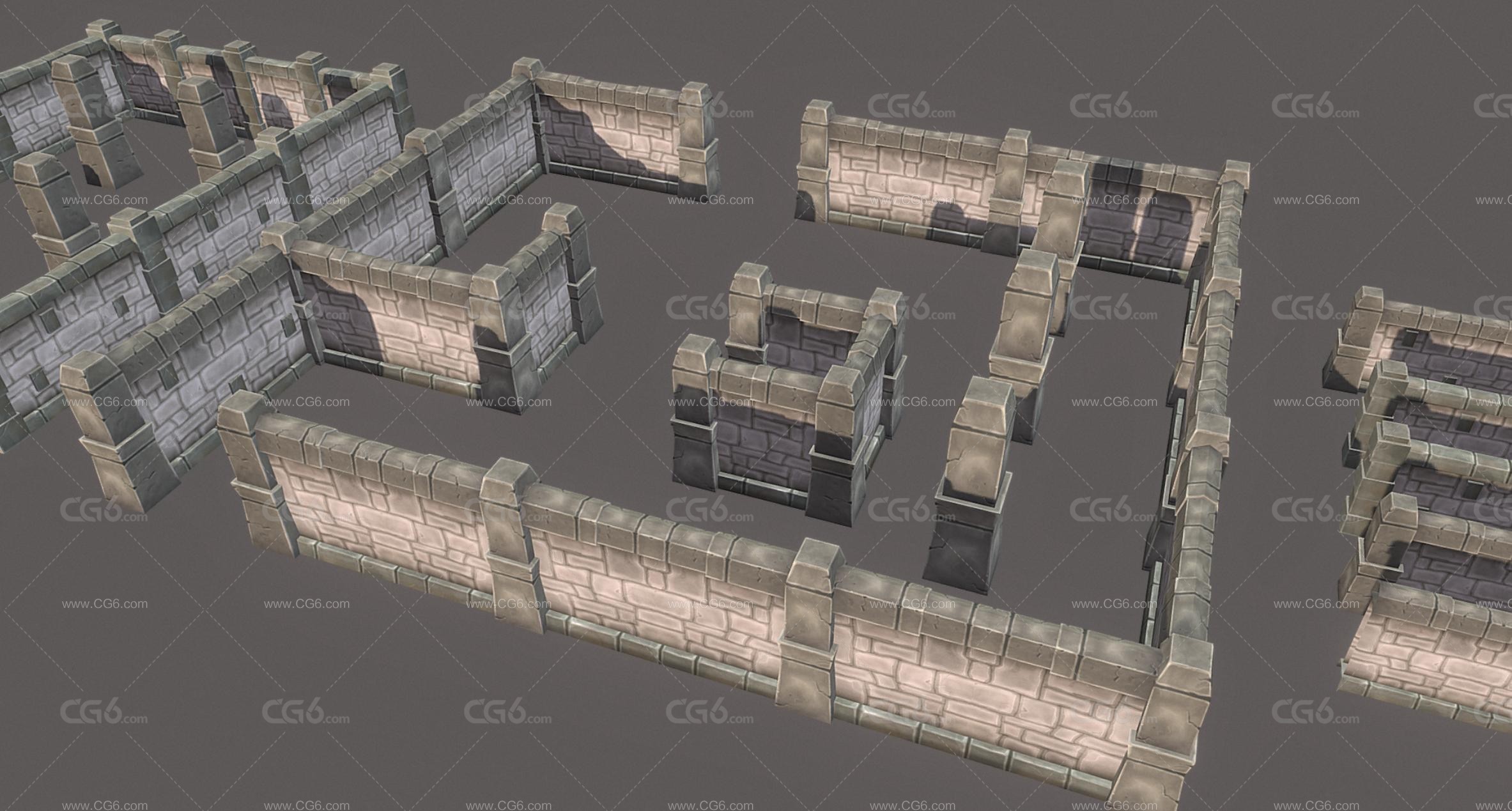 卡通手绘围墙 石头墙 石墙 城墙 围栏 迷宫 地牢 砖墙 石柱3D模型-1