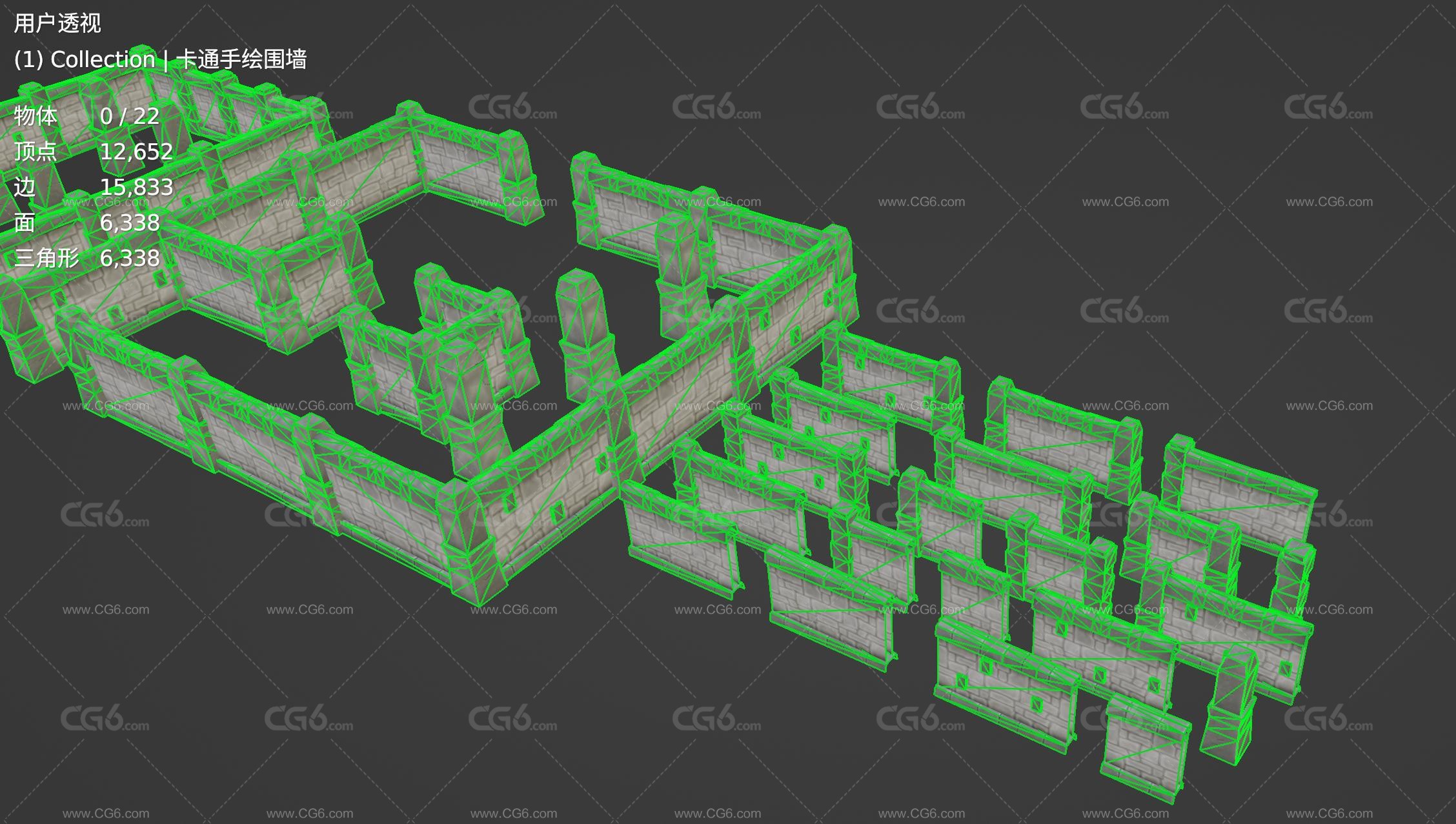 卡通手绘围墙 石头墙 石墙 城墙 围栏 迷宫 地牢 砖墙 石柱3D模型-6